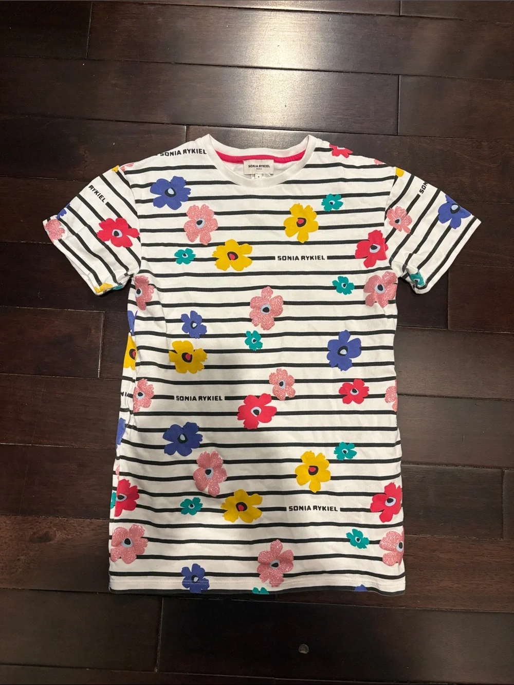 Sonia Rykiel White Striped Dress with Multicolor Floral Print